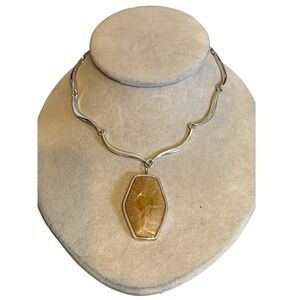 Vintage Givenchy Silver Tone Collar Necklace Tan Stone Hexagon Pendant Signed